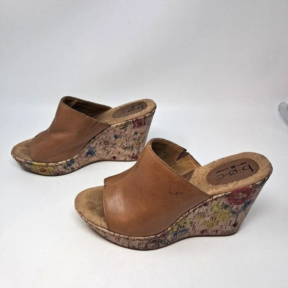 BOC by Born DIANNA Sandals Brown Leather Upper Floral Cork Wedge Heel Sz 7
